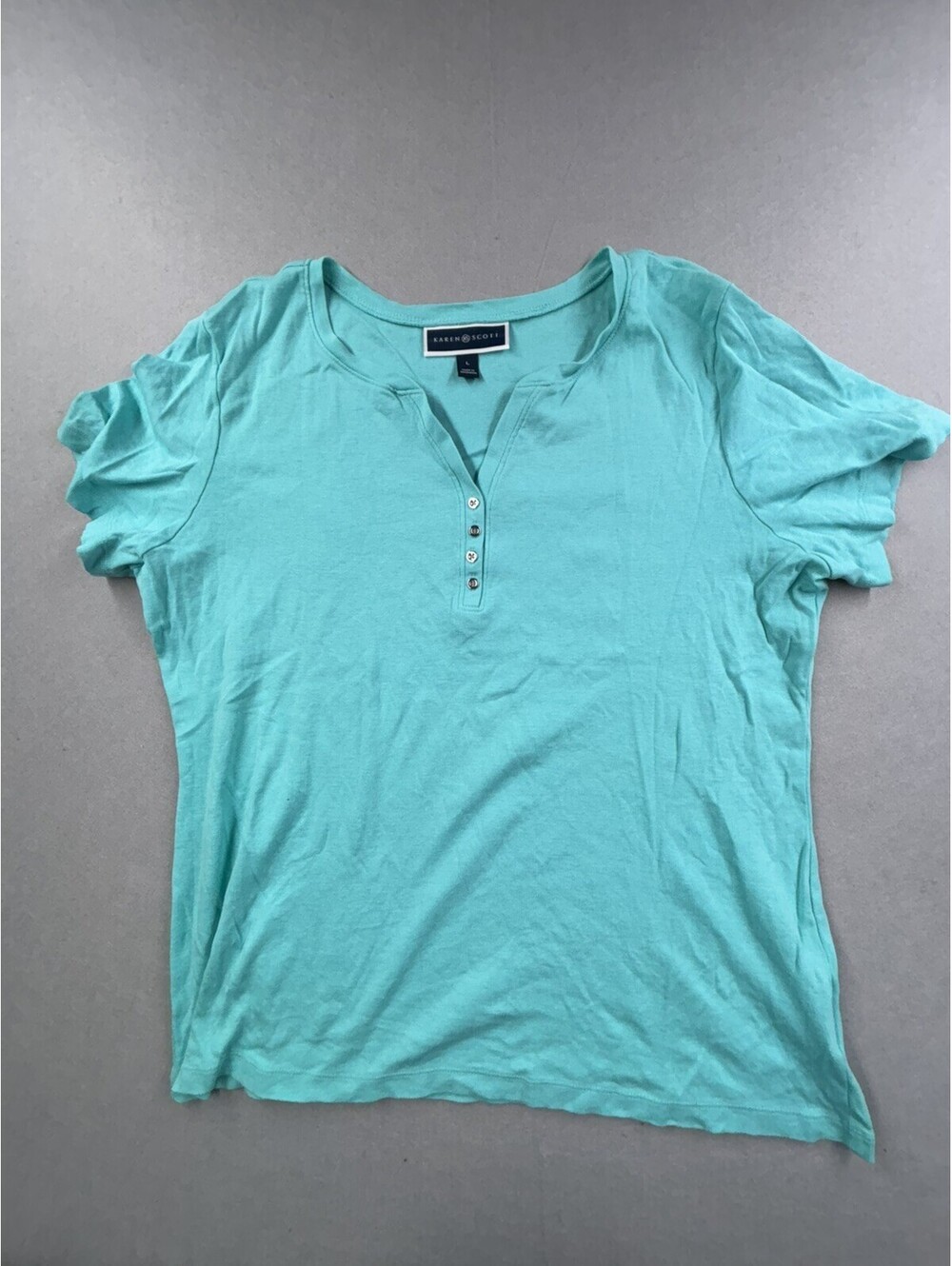 KAREN SCOTT Turquoise Henley Top Women’s Large Short Sleeve Cotton Split Neck